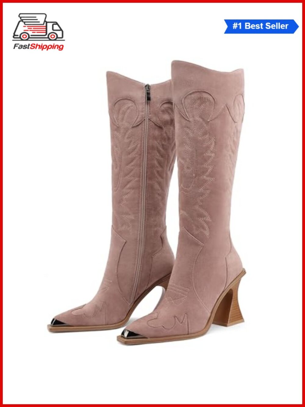 ✨ Women's Cowboy Boots Knee High Square Toe Embroidered Faux Suede Heeled